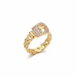 Gold Plated Stainless Steel Women’s Ring – Resizable Chain Belt Design with Zircon Stones