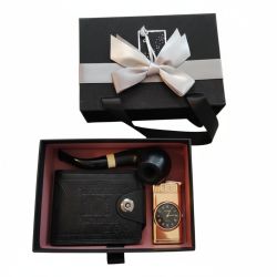 Luxury Men’s Gift Set – Wallet, Handmade Wooden Pipe, Gold color Lighter with Quartz Watch, Black Gift Box