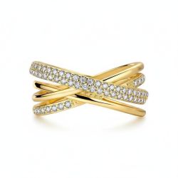 925 Sterling Silver Crossed Rings Design with Zircon Stones – Gold Color Women’s Engagement & Wedding Jewelry | Certified Anniversary Gift
