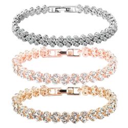 Elegant Chain Cubic Zirconia Bangle for Women – Silver, Gold & Rose Gold Rhinestone Bracelet, 16.5 cm