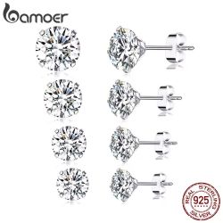 Bamoer 925 Sterling Silver CZ Stud Earrings – Platinum Plated Round Cubic Zirconia, Hypoallergenic, Sizes 4mm–7mm, Silver / Gold / Rose Gold Colors