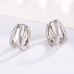 Двойни обеци халки от стомана с циркони –  позлатени/посребрени