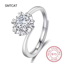 SMTCAT Сребърен Пръстен 925 Усукана Халка с 8мм Снежинка CZ