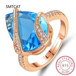 SMTCAT Сребърен Пръстен 925 Син Капковиден Циркон