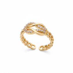 Gold Plated Stainless Steel Chain Zircon Ring – Adjustable Crystal Women’s Jewelry Gift