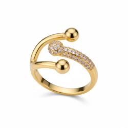 Gold Plated Stainless Steel Women’s Ring – Adjustable Fork Design with Zircon Stones, Elegant Jewelry Gift