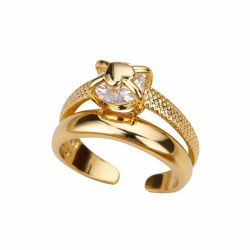 Women’s Gold-Plated Stainless Steel Ring – Resizable Double Band with Crown Zircon Stone