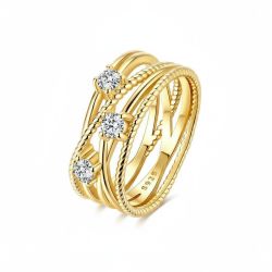 925 Sterling Silver Ring with Intertwined Hoops & Three Zircon Stones – Gold Color Women’s Engagement, Wedding & Anniversary Jewelry