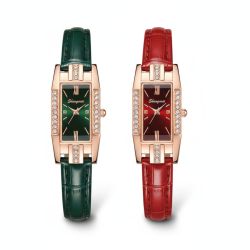 Women’s Rectangle Quartz Watch – Leather Band, Slim Design, Fashion Casual Wristwatch (Red/Green)