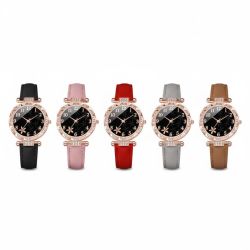 Fashion Rhinestone Women’s Quartz Watch – Leather Band (Multiple Colors), Black Dial & Golden Case, Elegant Casual Wristwatch