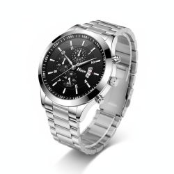 Business Men’s Watch Hkun – Silver Alloy Case, Black Dial, Calendar