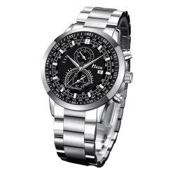 Hkun Men’s Watch – Silver Case, Black Dial, Quartz