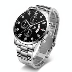 SHAARMS Men’s Watch – Silver Case, Black Dial, Quartz