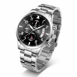 SHAARMS Men’s Watch – Silver Case, Black Dial, Quartz