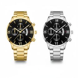SHAARMS Men’s Quartz Watch – Black Dial, Roman Numerals, Decorative Chronograph, Gold/Silver Colors