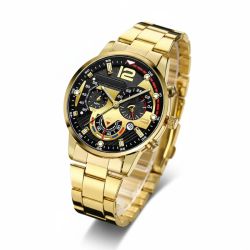 Men’s Watch – Gold Case, Black Dial, Calendar, Colorful Design