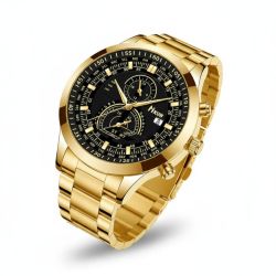 Men’s Watch Hkun – Gold Case, Black Dial with Index Markers, Calendar