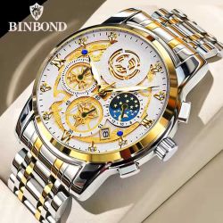 BINBOND 4010 Men’s Quartz Watch – Golden-Silver Design, Diamond Pins, Moon Phase & Calendar