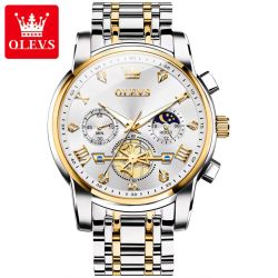 OLEVS 2856 Men’s Quartz Watch – Golden-Silver Luxury Design, Moon Phase & Chronograph