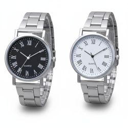 Men’s Quartz Watch – Classic Stainless Steel Silver Design with Roman Numerals, Black or White Dial