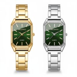 IRLANDY Women’s Quartz Watch – Rectangular Case with Cut Corners, Stainless Steel Band, Silver or Gold