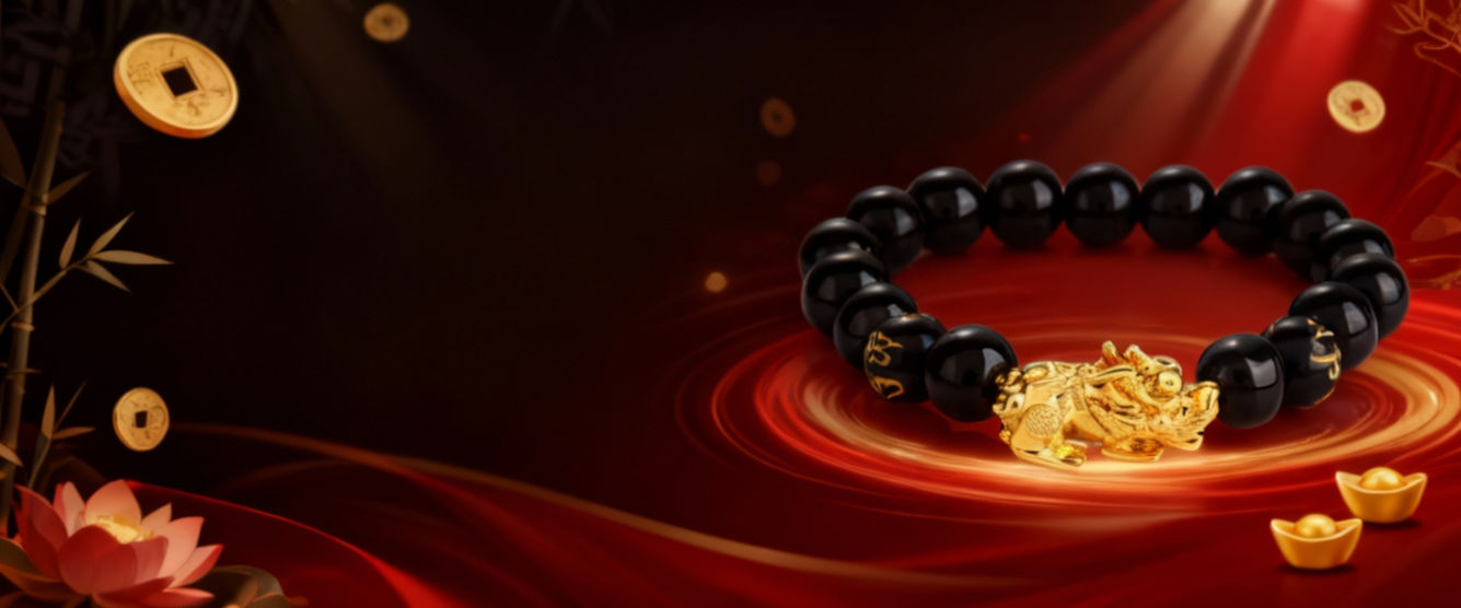 Фън Шуй гривна от черен обсидиан с позлатен Пи Сю