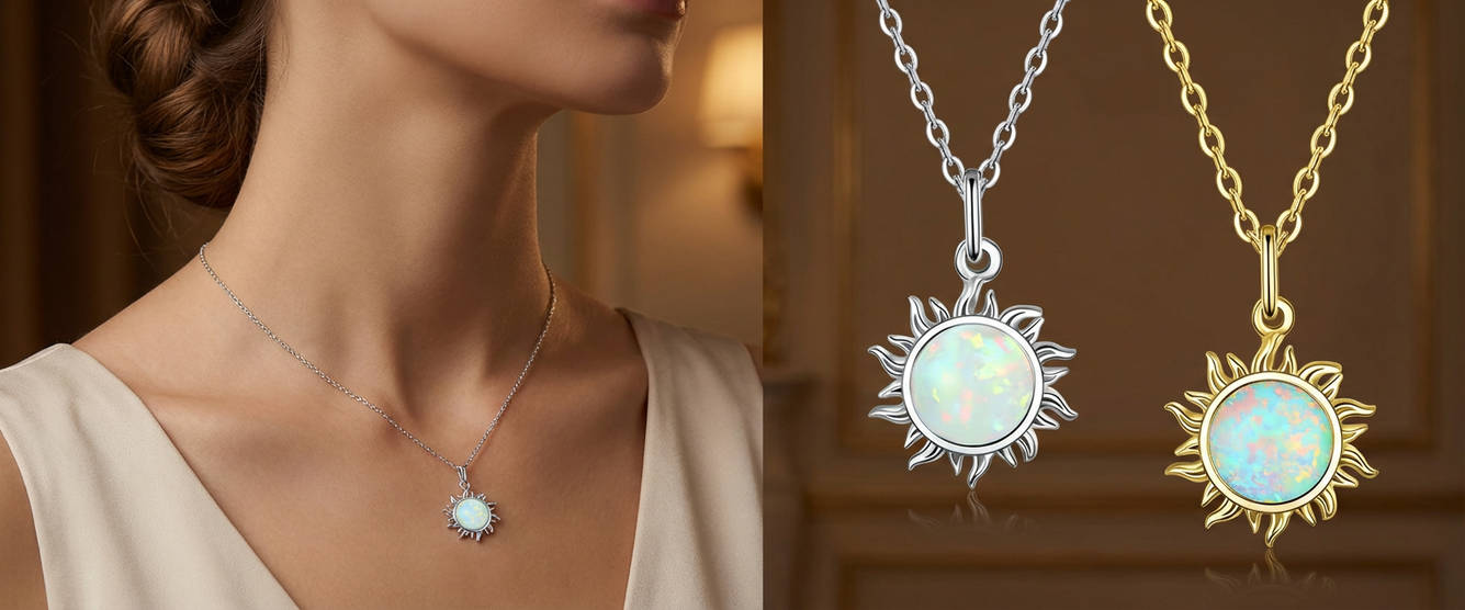 Колие Bamoer 925 сребро с опал слънце